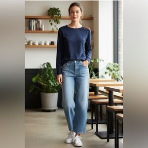 LAUREN RALPH LAUREN Navy Top w/Brown Suede Elbow & Shoulder Patch Large